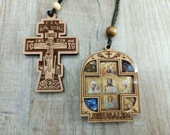 Christian icon Car amulet mirror cross Wooden car Cross of luck Crucifix Orthodox Roman Ukraine Catholic Jerusalem icon Mary Jesus Nicholas