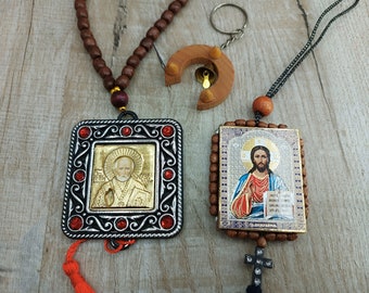 Religiöser Autoanhänger Amulett nach Hause christliche Schreine orthodoxe Ikone Jungfrau Maria Lebensspendendes Kreuz Nikolaus Wundertäter Erzengel Michael Geschenk