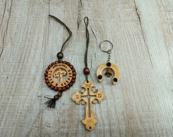 Auto Amulett Autospiegel Kreuz Holz Autokreuz Glückskreuz Kruzifix Holzkreuz orthodox römisch christlich-katholische Auto Set