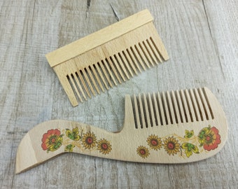 Pair Wooden comb Natural wood hand made accessory hair 2 Comb with floral ornament Ecological accessory Antistatic comb Wood Ukrainian comb