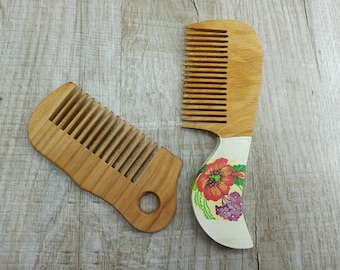 Peine de madera hecho a mano: adorno floral, antiestático.