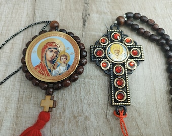 Christliche Ikone Auto Amulett Autospiegel Kreuz Holzautokreuz Kreuz des Glücks Kruzifix Holzkreuz orthodox römisch ukrainisch katholisch Autoset