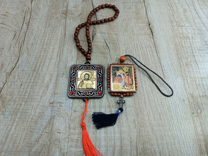 Colgante de coche religioso Amuleto hogar Santuarios cristianos Ícono ortodoxo Virgen María Cruz que da vida Nicolás Wonderworker Arcángel Miguel regalo imagen 3
