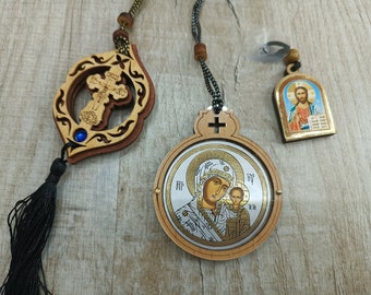 Christliche Ikone Auto Amulett Auto Spiegel Kreuz Holz Autokreuz Glückskreuz Kruzifix Holzkreuz orthodox römisch-ukrainisch katholisch Auto Set