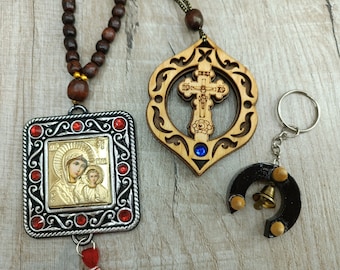 Auto Amulett Autospiegel Kreuz Holz Autokreuz Glückskreuz Kruzifix Holzkreuz orthodox römisch christlich-katholische Auto Set