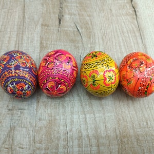 Easter Eggs Set 4 gift Ukrainian Painted Wooden Eggs Ukraine Pysanka Ukrainian Eggs on ropes Multicolored Decor Easter tree Unique eggs