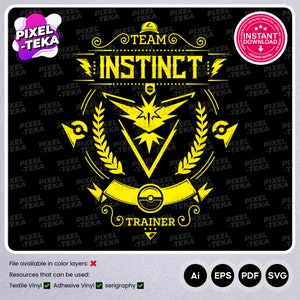 Op de afbeelding: Een geel en zwart grafisch ontwerp met een Pokémon-personage, een Pokébal en de tekst "Team Instinct Trainer".