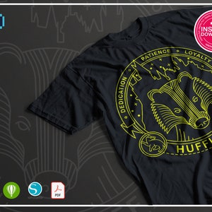 May include: A black t-shirt with a yellow graphic of the Hogwarts house Hufflepuff crest. The crest features a badger, the house mascot, and the words "Patience", "Loyalty", "Dedication", and "Hufflepuff".