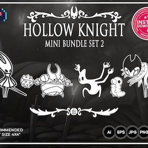 Könnte beinhalten: Ein Set mit fünf schwarzen und weißen digitalen Schnittdateien mit Charakteren aus dem Videospiel Hollow Knight. Die Charaktere sind der Ritter, der Seelenmeister, der Flukemarm, die Grimm Troupe und der Dung Defender. Der Text "Hollow Knight Mini Bundle Set 2" befindet sich oben im Bild. Der Text "Recommended Cut Size 4x4" befindet sich unten im Bild. Der Text "Ai EPS JPG PNG SVG" befindet sich unten rechts im Bild.