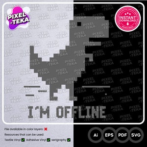 Op de afbeelding: Een zwart-wit gepixelde afbeelding van een rennende dinosaurus met de tekst "I'm Offline". De afbeelding is op een witte achtergrond met een herhalend patroon van "Pixel-Teka".