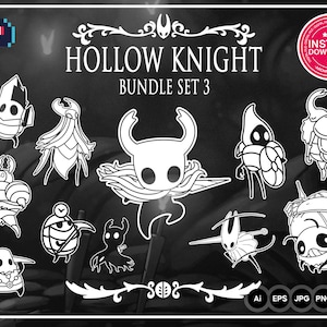 Puede incluir: Un conjunto de 12 ilustraciones digitales en blanco y negro de personajes del videojuego Hollow Knight. Las ilustraciones son de estilo de dibujos animados y presentan personajes como el Caballero, Quirrel y el Defensor de estiércol. El texto "Hollow Knight Bundle Set 3" está en la parte superior de la imagen.