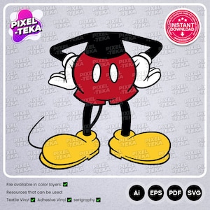 Puede incluir: Silueta en blanco y negro de Mickey Mouse con pantalones cortos rojos y orejas grandes y redondas. La imagen está sobre un fondo gris con una marca de agua que dice "Pixel-Teka".