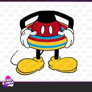 Puede incluir: Ilustración de dibujos animados de un personaje con cabeza roja, orejas negras y guantes blancos. La cabeza del personaje está rodeada por un diseño de rayas de colores. El personaje tiene zapatos amarillos y piernas negras. El texto "PIXEL-TEKA" está en la esquina inferior izquierda.