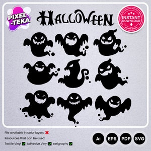 Puede incluir: Un conjunto de nueve ilustraciones de fantasmas en blanco y negro para Halloween. Los fantasmas están en varias poses, algunos con alas, algunos con cola y algunos con una sonrisa. El texto "HALLOWEEN" está en la parte superior de la imagen.