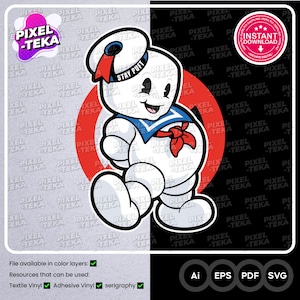 Puede incluir: Un fantasma de dibujos animados blanco con una pajarita roja y un cuello de marinero azul. El fantasma está caminando y tiene las palabras "Stay Puft" escritas en su sombrero. El fantasma está delante de un círculo rojo con un contorno blanco.
