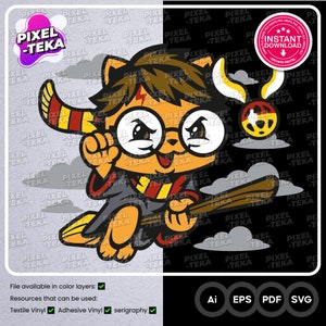 Puede incluir: Ilustración de un gato de dibujos animados vestido de mago, volando en una escoba. El gato lleva gafas y una cicatriz de rayo. La imagen incluye el texto "PIXEL -TEKA" y "DESCARGA INSTANTÁNEA".