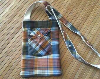 plaid purse made from recycled Wrangler shirt