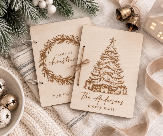 Personalized Christmas Card Holder, Holiday Card Keeper, Family Memory Book, Wooden Greeting Card Storage, Christmas Keepsake