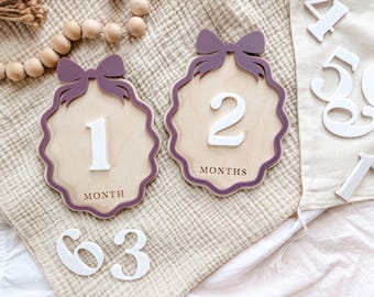Baby Monthly Milestone Cards With Bow – Wooden Scalloped Month Markers ...