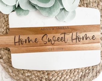 Housewarming Gift, New Home Gift, Personalized Cutting Board, Marble and Wood Serving Board, Closing Gift, Home Sweet Home