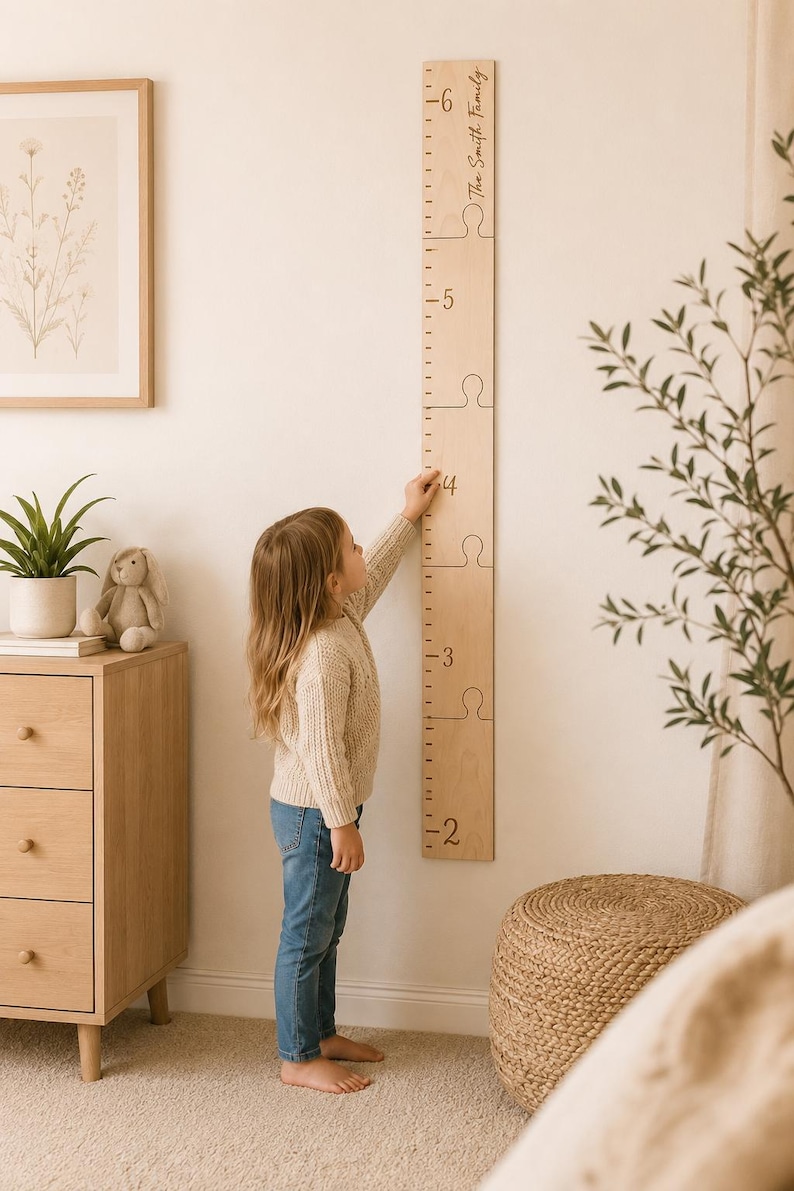 May include: A light-colored wooden growth chart wall decal featuring puzzle-piece segments and black numerical markings from 2 to 6 feet. The top section is engraved with the text The Smith Family in a cursive script font.