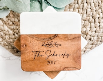 Custom Coaster Set - Wood & Marble, Personalized Housewarming Gift, Wedding Present, Closing Gift, Unique Home Decor