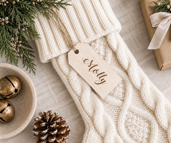 Engraved Stocking Name Tag, Personalized Wood Christmas Ornament, Custom Holiday Gift Tag, Family Stocking Marker, Rustic Christmas Decor