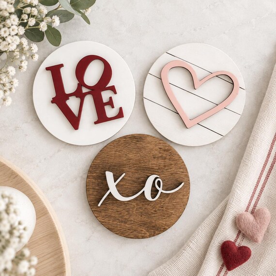 Valentine's Day Tiered Tray Decor, 3D Wooden Mini Signs, Farmhouse Love XO Heart Decorations, Valentine's Coffee Bar Accents