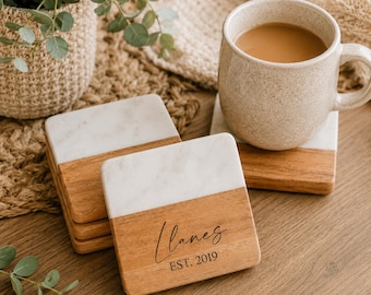 Personalized Family Name Coasters, Custom Established Date Coasters, Engraved Wooden Coasters, Housewarming Gift, Realtor Closing Gift