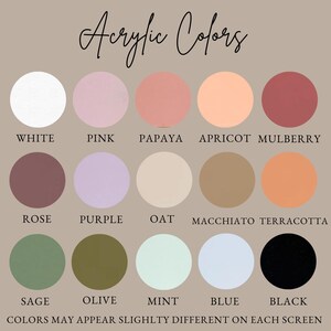 a collection of twelve different colors, each with a label, arranged in a grid format. The colors are described as white, pink, apricot, mulberry, rose, purple, oat, macchiato terracotta, sage, olive, mint, blue, black, and olive. The colors may appear slightly different on each screen, and the image is not a single image but a collage of multiple images.