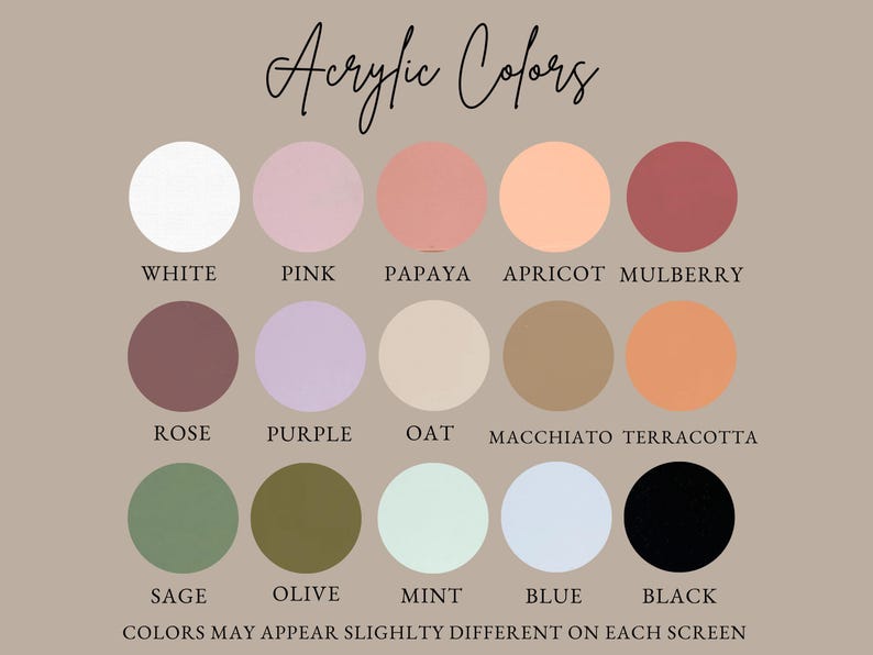 a collection of twelve different colors, each with a label, arranged in a grid format. The colors are described as white, pink, apricot, mulberry, rose, purple, oat, macchiato terracotta, sage, olive, mint, blue, black, and olive. The colors may appear slightly different on each screen, and the image is not a single image but a collage of multiple images.