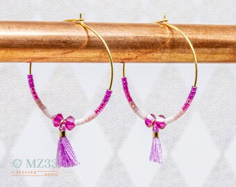 Creole earrings with Rose and Fuchsia Miyuki beads and Swarovski bicones with mini tassel - Boho - Cheerful - Handmade - Summer