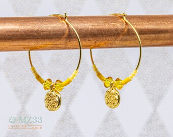 Creole earrings with yellow Miyuki beads and Swarovski crystal bicones with mini rosace pattern charm - Boho - Bohochic - Handmade - Summer