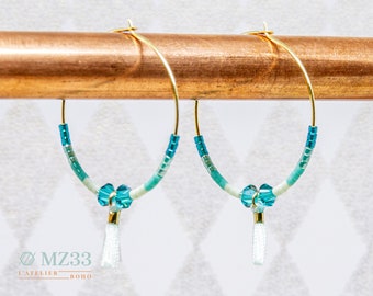 Creole earrings with Miyuki beads and Swarovski bicones with mini tassel - Light mint / Tourquoise / Emerald - Boho - Handmade - Summer