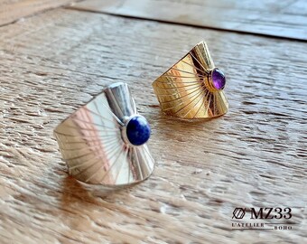 Wide adjustable ring "Sun rays" - Fine Silver and Lapis Lazuli - Fine Gold and Amethyst - Boho - Bohemian - Bohochic - Hippie