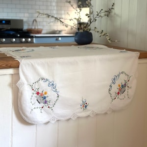 Vintage Hand Embroidered Floral Tablecloth, 35 x 32 inch Square, Crochet Trim