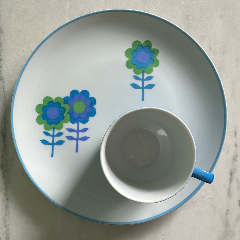 Puede incluir: Un plato de cer&aacute;mica blanco con un borde azul y un dise&ntilde;o floral azul y verde. Una taza de cer&aacute;mica blanca con un asa azul se encuentra sobre el plato.