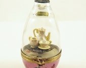 Authentic French Porcelain Hand Painted Rare Limoges Box Plays Music Porcelain Crystal Egg with Tea Set Key