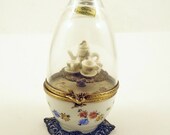Authentic French Porcelain Hand Painted Rare Limoges Box Plays Music Porcelain Crystal Egg with Lady Bugs and Tea Set Key