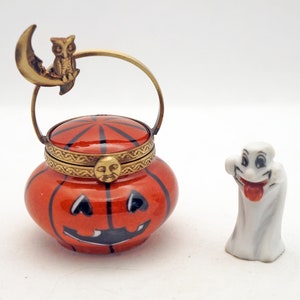 Halloween Jack &#39;o&#39; Lantern Pumpkin Pale Basket with a Miniature Porcelain Ghost Authentic French Porcelain Hand Painted Limoges Trinket Box