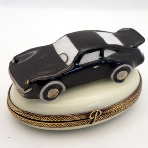 Porcelain Replica of Black Porsche Sports Car Authentic French Porcelain Hand Painted Rare Limoges Box