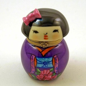 Authentic French Porcelain Hand Painted Limoges Box Cute Japanese Kokeshi Doll in Amazing Floral Kimono