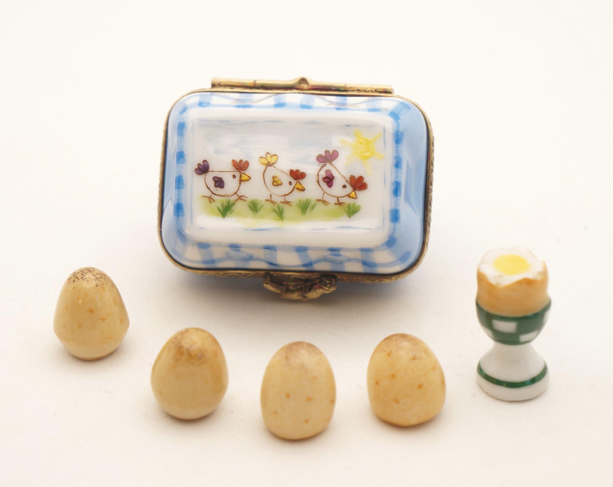 Easter Egg Carton with Hens and All Removable Easter Eggs and Egg Cup with Egg Authentic French Porcelain Hand Painted Limoges Box