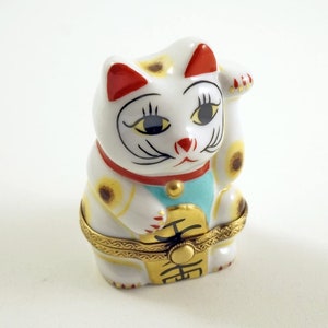 Authentic French Porcelain Hand Painted Limoges Box Japanese Lucky Happy Cat Maneki-Neko