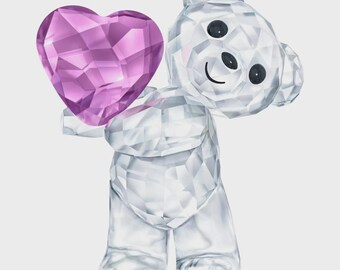 May include: A crystal-like teddy bear figurine holding a faceted, pink heart. The bear has black eyes and a smiling mouth. The figurine is made of clear, multifaceted material.