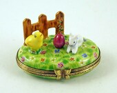 Authentic French Porcelain Hand Painted Limoges Box Colorful Garden with Colored Easter Eggs Bunny and Chick