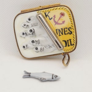 Sardines Can with Miniature Removable Sardine Fish Authentic French Porcelain Hand Painted Limoges Trinket Box