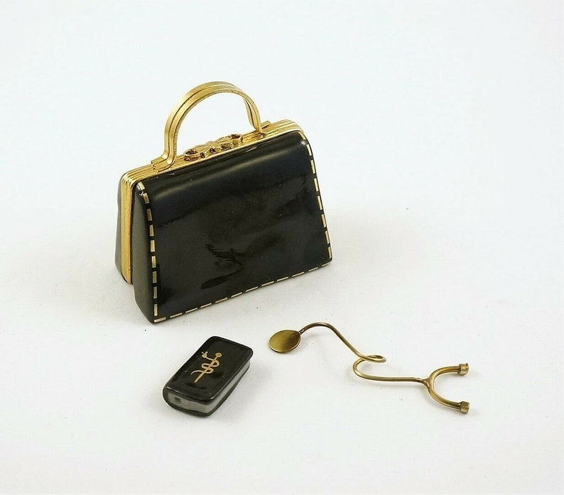 Authentic French Porcelain Hand Painted Limoges Box Doctor/'s Bag with Removable Medical Book and Stethoscope