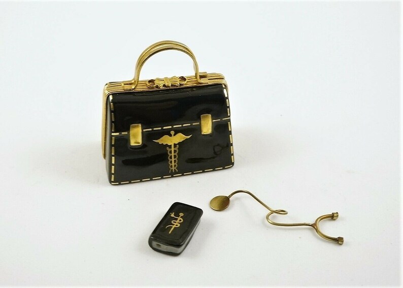 Authentic French Porcelain Hand Painted Limoges Box Doctor/'s Bag with Removable Medical Book and Stethoscope