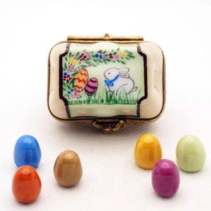 Easter Egg Carton Hand Painted Bunny Rabbit Colorful Easter Eggs and Removable Easter Eggs Rare Authentic French Porcelain Limoges Box